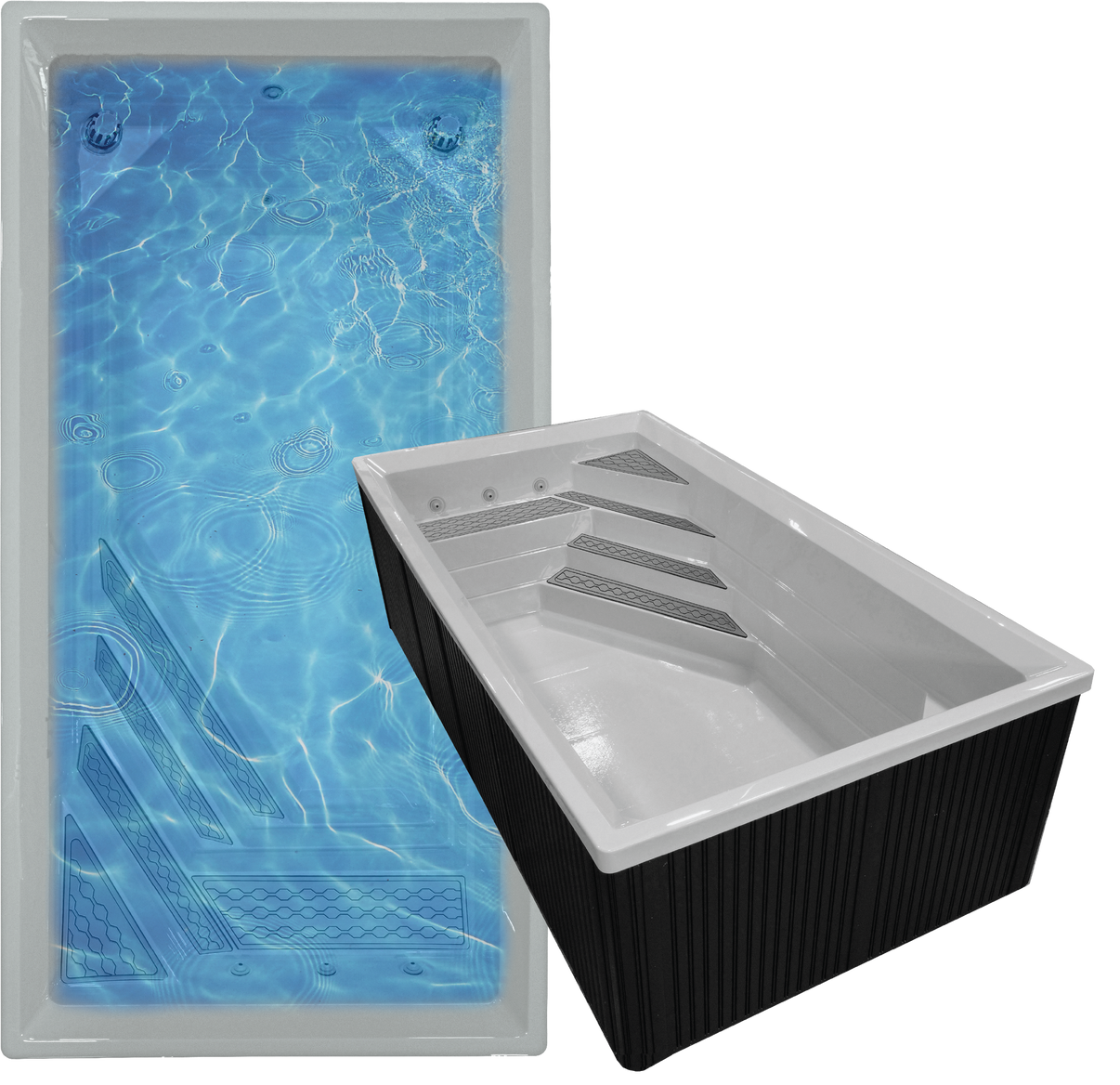 Dynasty Spas Aquora plunge spa tub top and side view in Pearl Gray acrylic