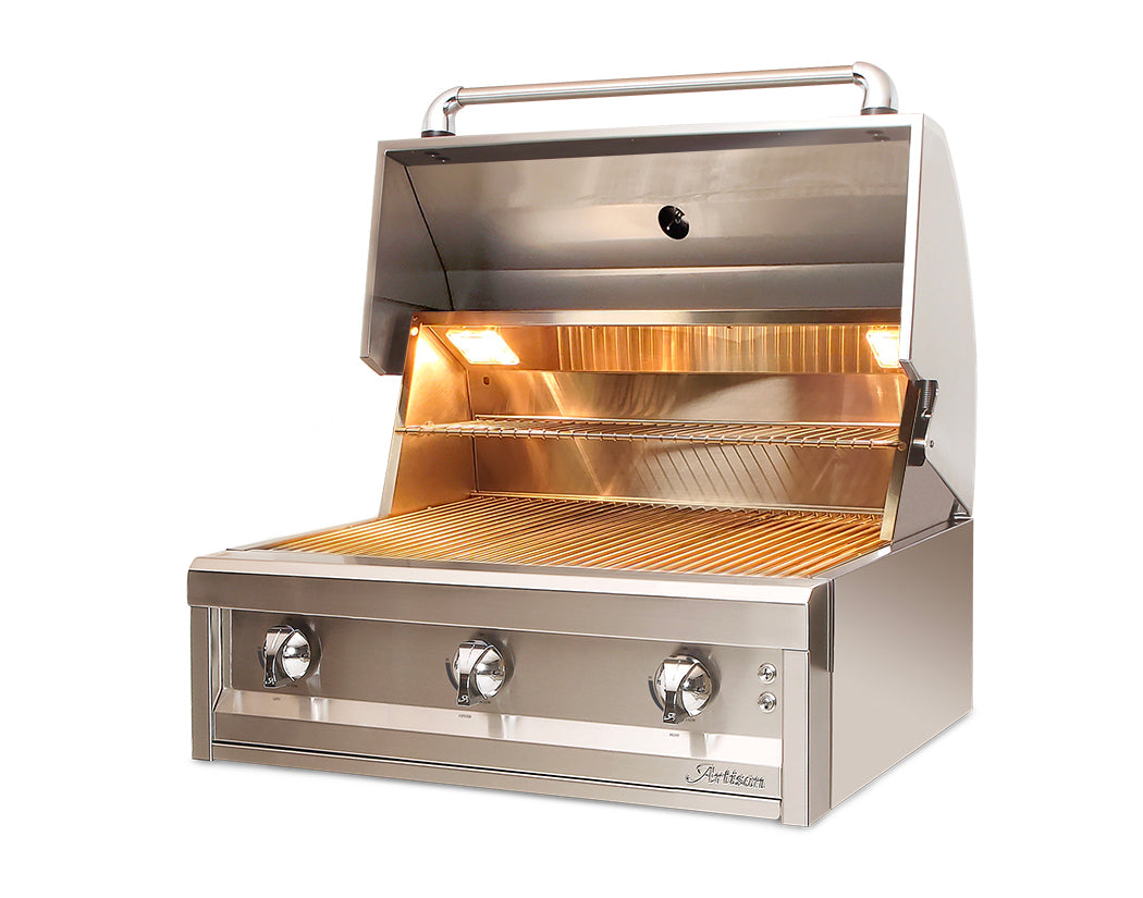 Artisan 32-inch 3-Burner Built-In Grill open lid angled left view