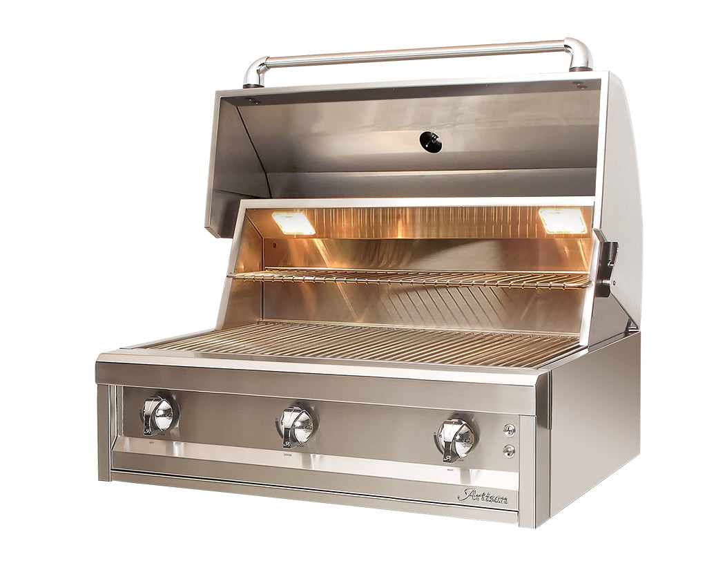 Artisan 36-inch 3-burner built-in grill, left angle view with lid open showing cooking grates and burners