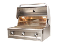 Artisan 36-inch 3-burner built-in grill, left angle view with lid open showing cooking grates and burners