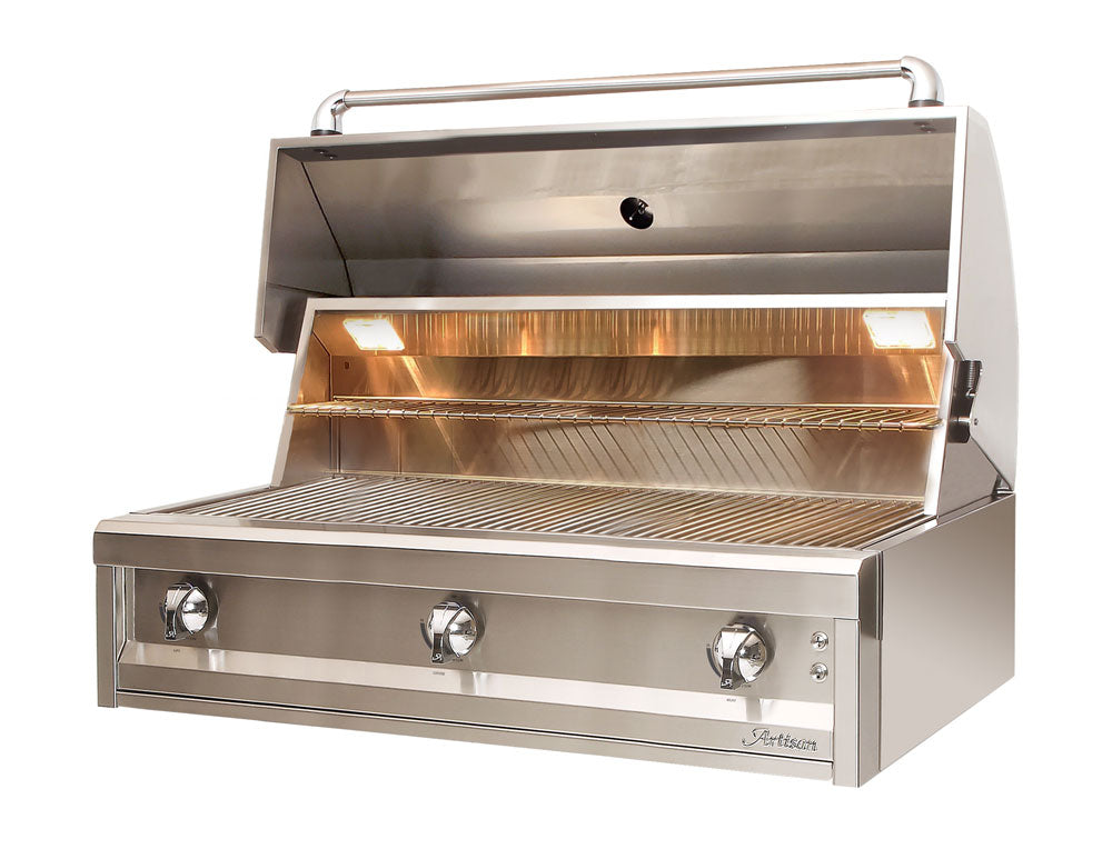 Artisan 42-inch 3-burner built-in grill open lid angled left view