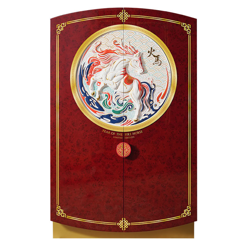 Afidano 2026 Fire Horse Year Limited-Edition Cigar Humidor - front view showing China Red exterior with horse motif carvings