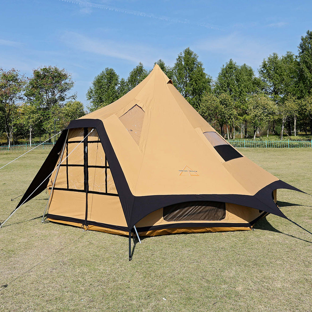 Aguja Canvas Glamping Tent - front view showing cathedral peak and front awning