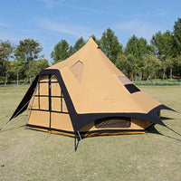 Aguja Canvas Glamping Tent - front view showing cathedral peak and front awning