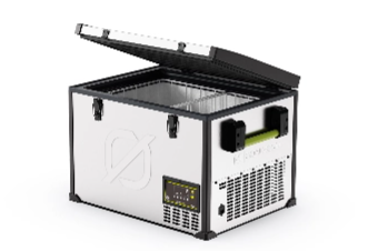 Goal Zero Alta 45L fridge open three-quarter view showing interior baskets and storage