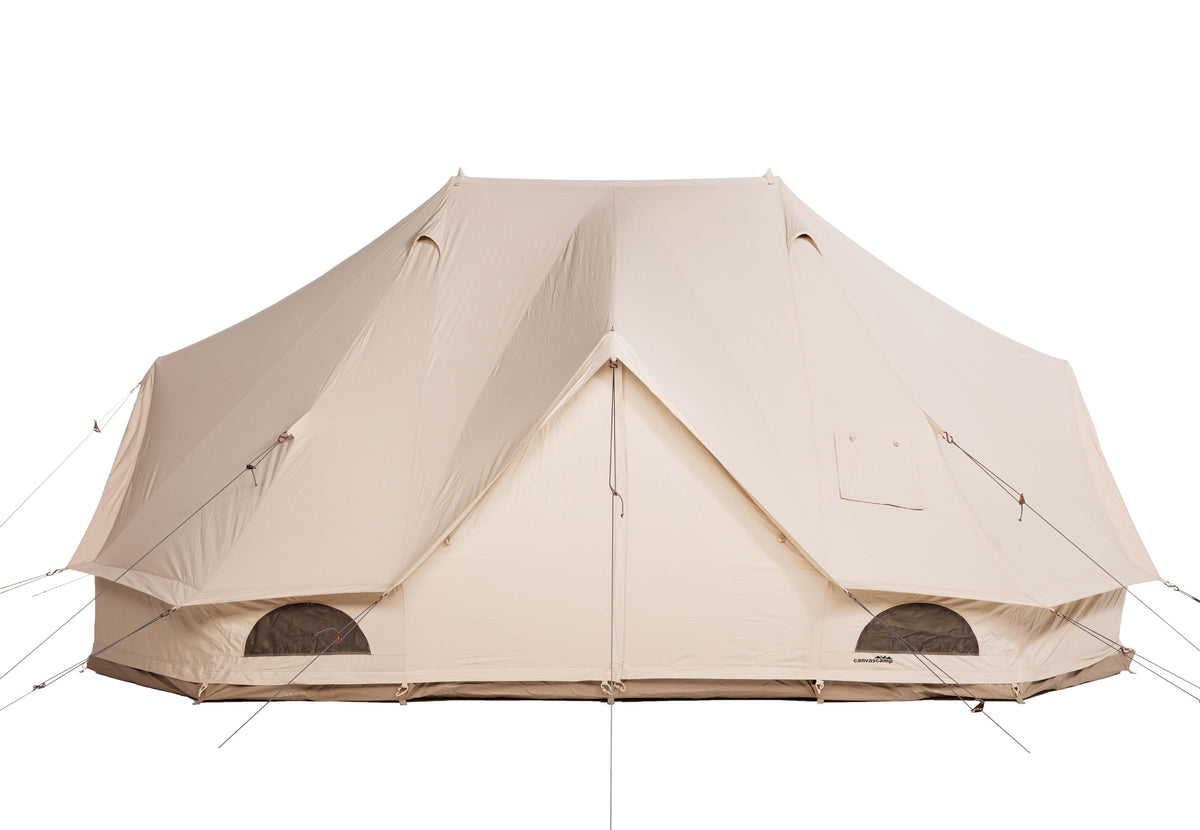 CanvasCamp Sibley Apex 600 Twin bell tent exterior - sand colored canvas with twin configuration