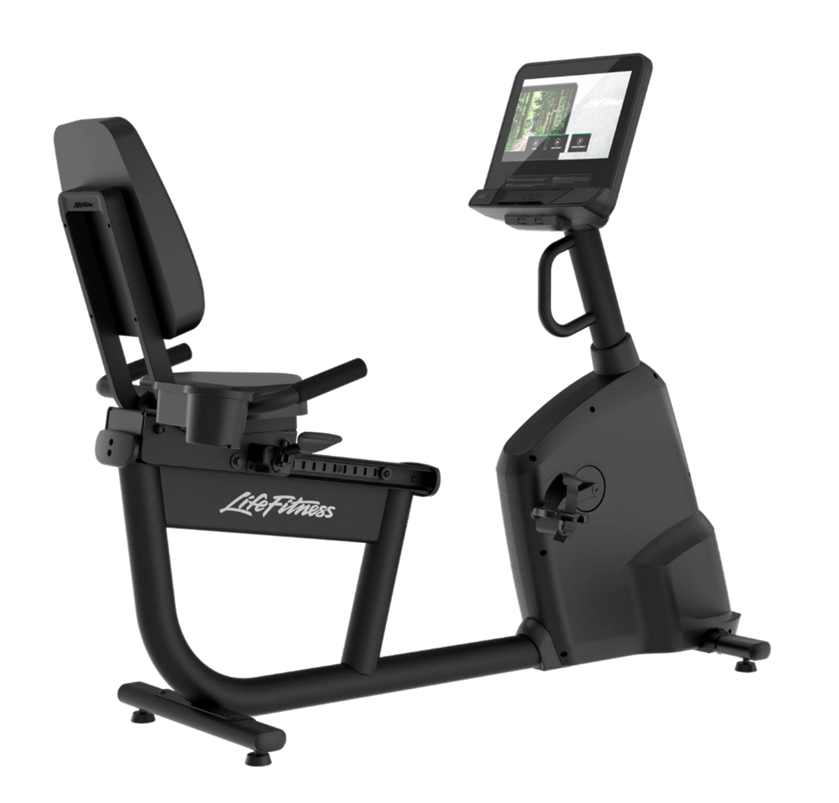 Life Fitness Atmos Recumbent Bike with SL Console in Smooth Charcoal finish - side view