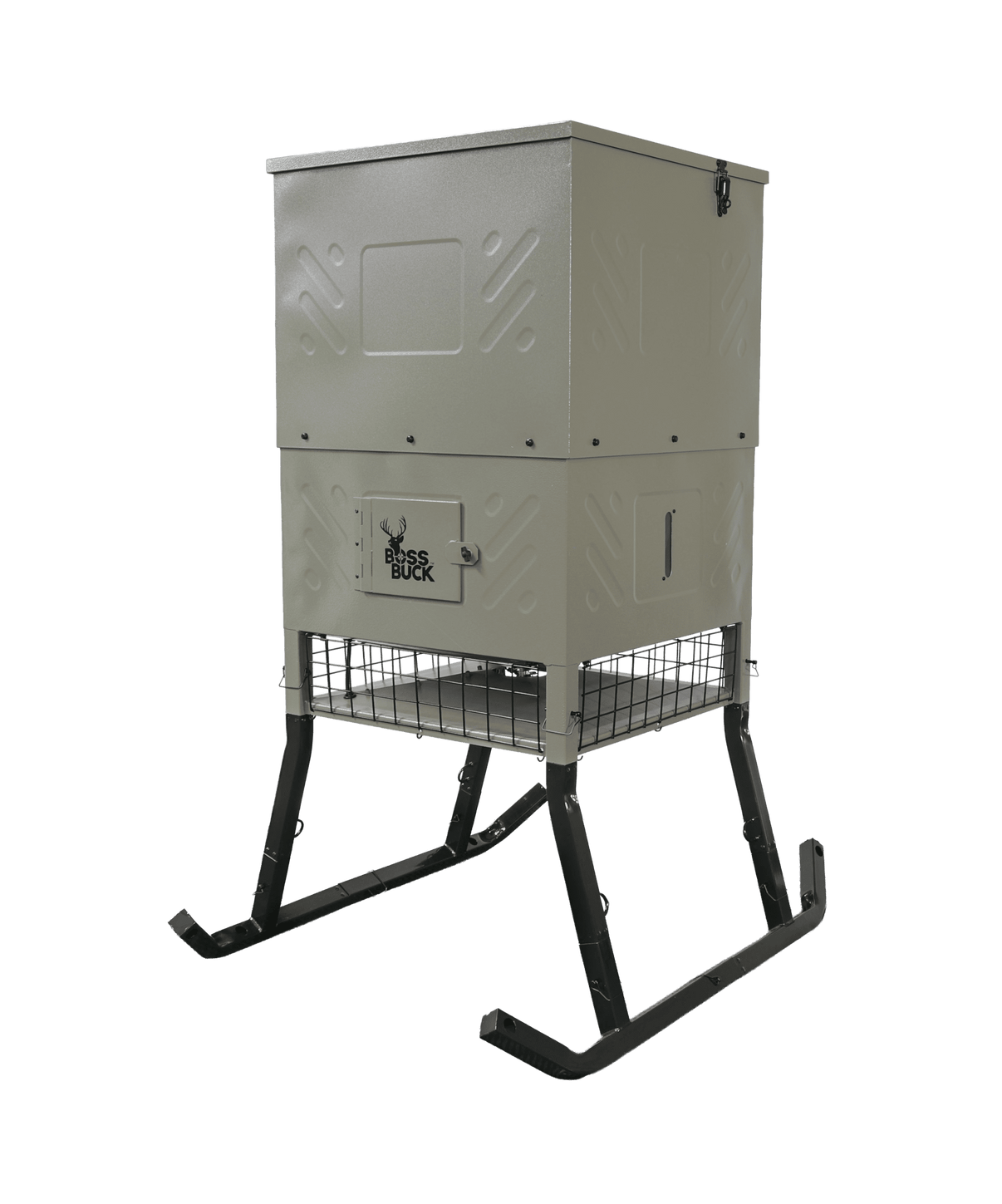 Boss Buck 600lb Fill Sled Feeder with Diverter Plate and Solar Panel - front view