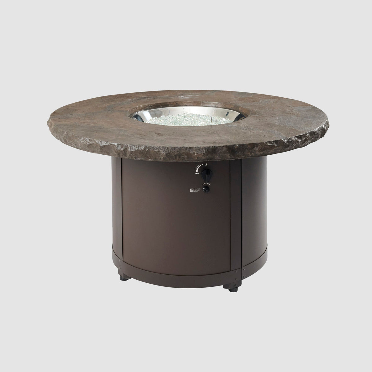 Outdoor Greatroom Beacon 48" Round Gas Fire Pit Table in Marbleized Noche with burner exposed and flame lit