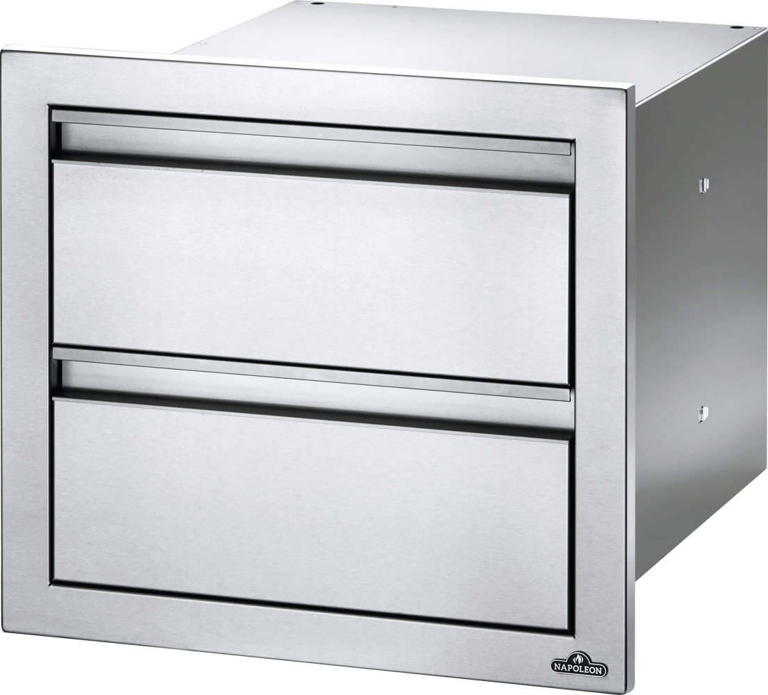 Napoleon 18 x 16 inch Double Drawer Built-In Component - Stainless Steel, angled open view