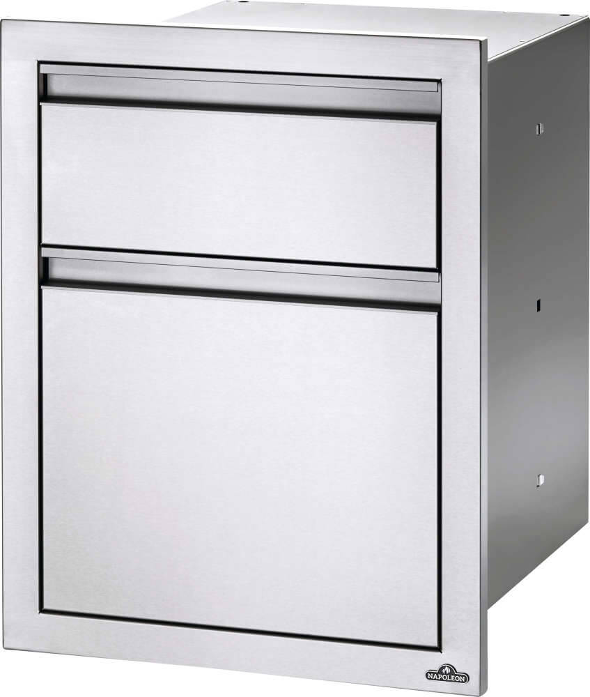 Napoleon 18x24 Inch Double Drawer Waste Bin - Angled View, Stainless Steel