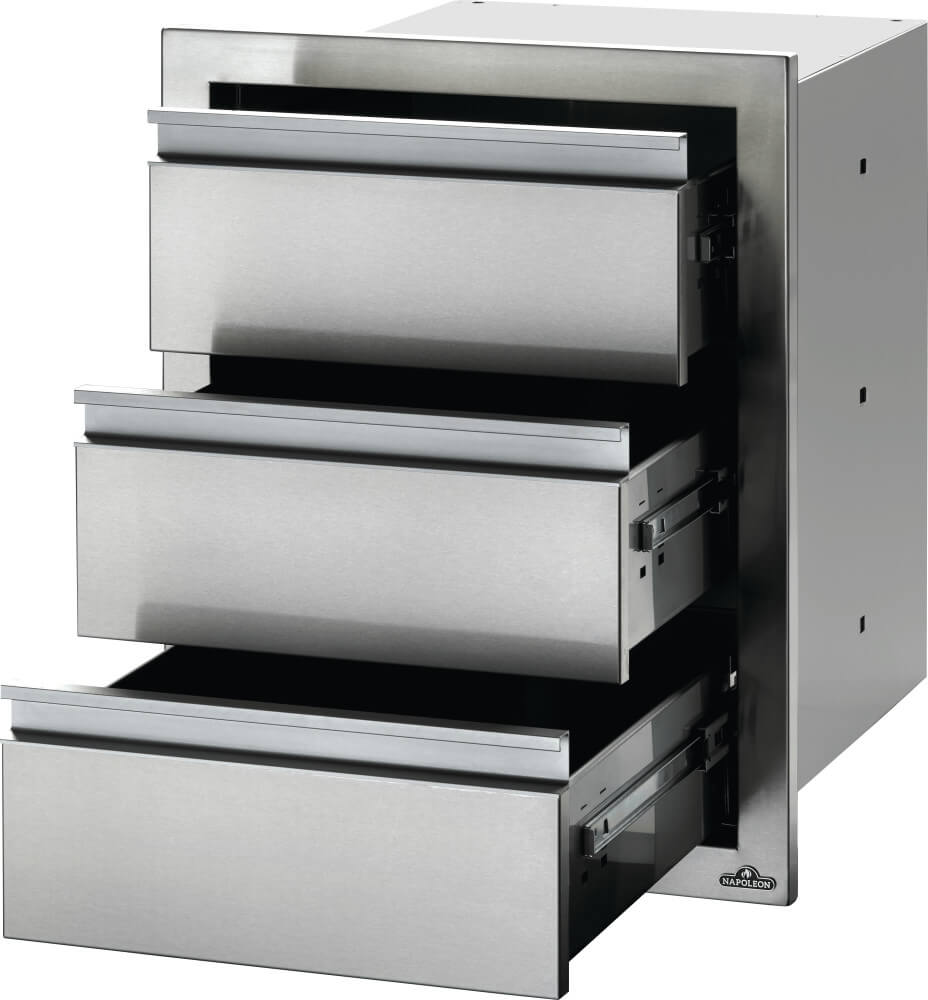 Napoleon 18x24 Triple Drawer open full view - stainless steel outdoor kitchen built-in component