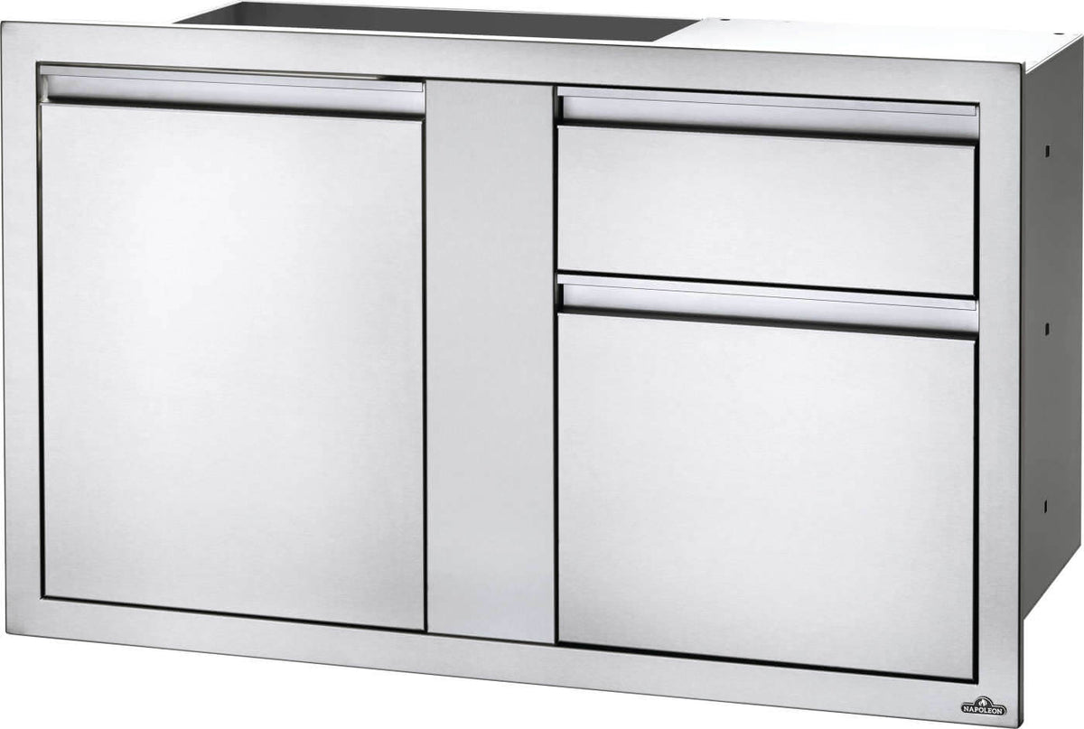 Napoleon 42x24 Large Single Door and Standard Drawer built-in component - angled view, stainless steel