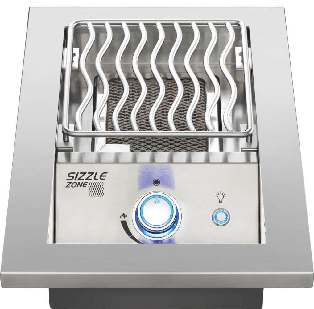 Napoleon Built-In 700 Series Single Infrared Drop-In Burner with SIZZLE ZONE grid raised and burner glowing