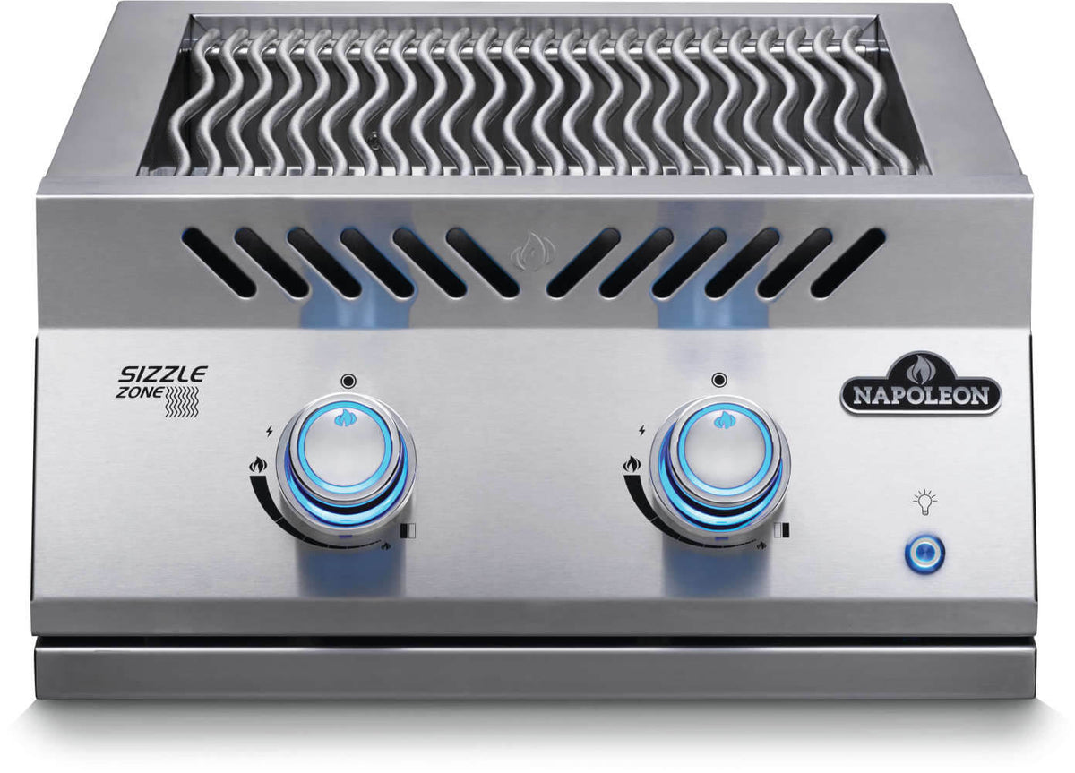 Napoleon Built-In 700 Series Dual Infrared Burner with stainless steel cover, front view with burner open and knobs lit