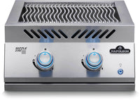 Napoleon Built-In 700 Series Dual Infrared Burner with stainless steel cover, front view with burner open and knobs lit