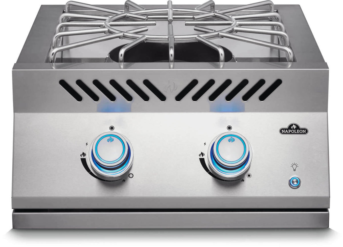 Napoleon Built-In 700 Series Power Burner with illuminated blue SafetyGlow knobs - front view
