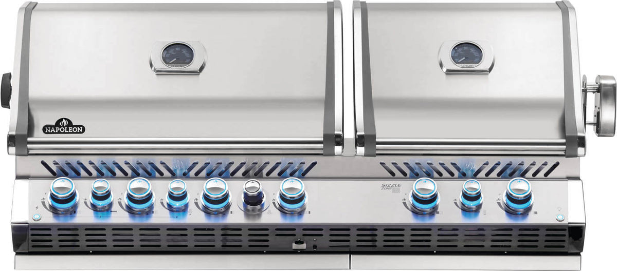Napoleon Built-In Prestige PRO 825 RBI stainless steel grill head front view with knobs on