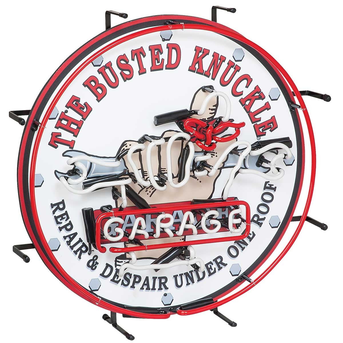 Busted Knuckle Garage Neon Sign with hand-bent red, white, and blue neon tubes on custom-shaped acrylic backer, 24x24 inches