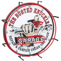 Busted Knuckle Garage Neon Sign with hand-bent red, white, and blue neon tubes on custom-shaped acrylic backer, 24x24 inches