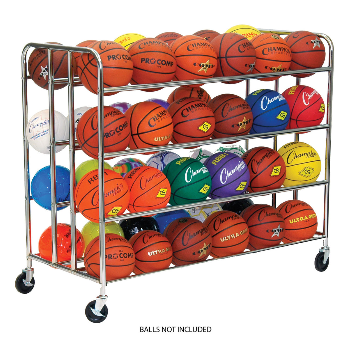 Champion Sports 48-Ball Double Wide Ball Cart - 4-tier chrome steel ball cart holding up to 48 balls