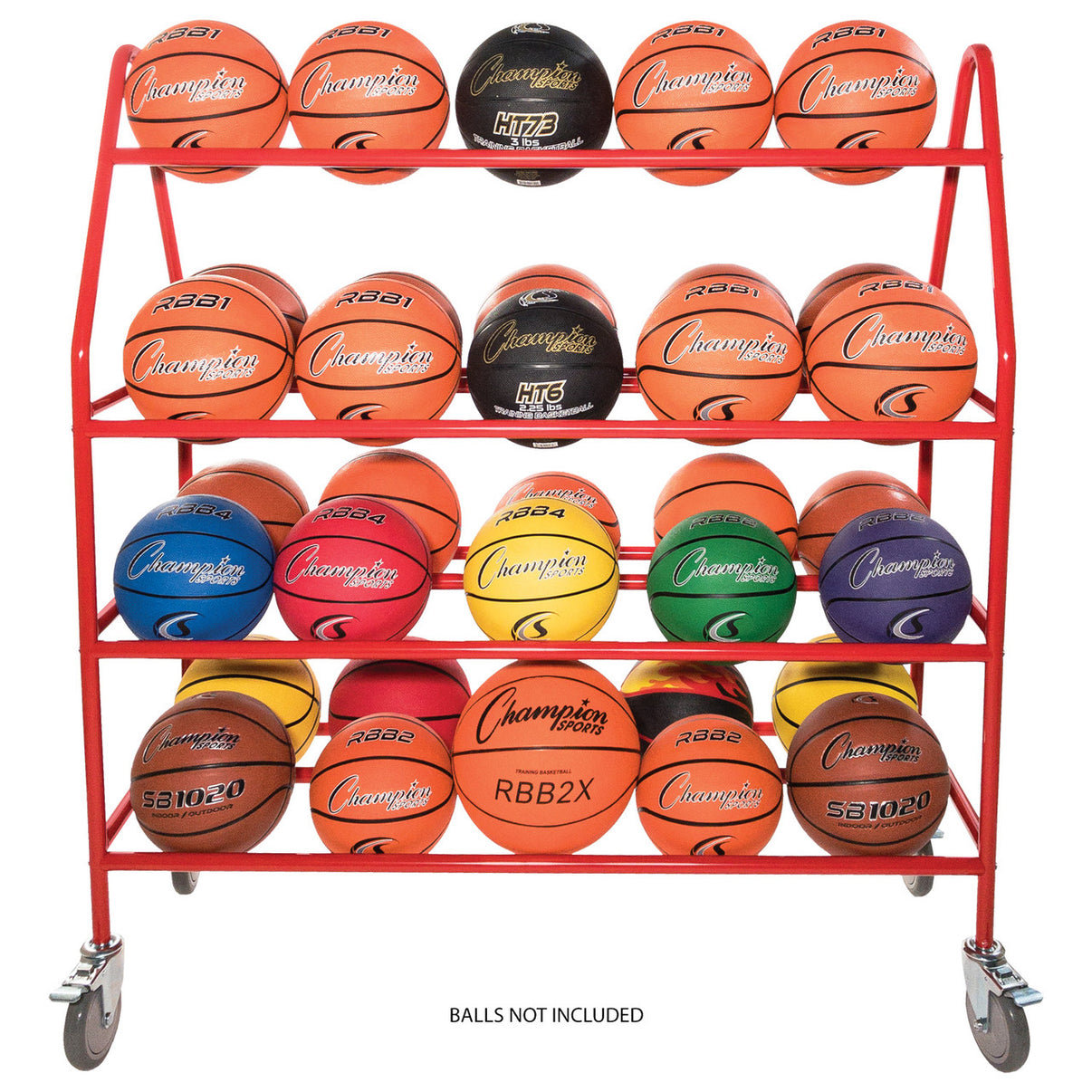 Champion Sports Deluxe Pro Ball Cart - Red 4-Tier Steel Rack holding up to 35 Basketballs