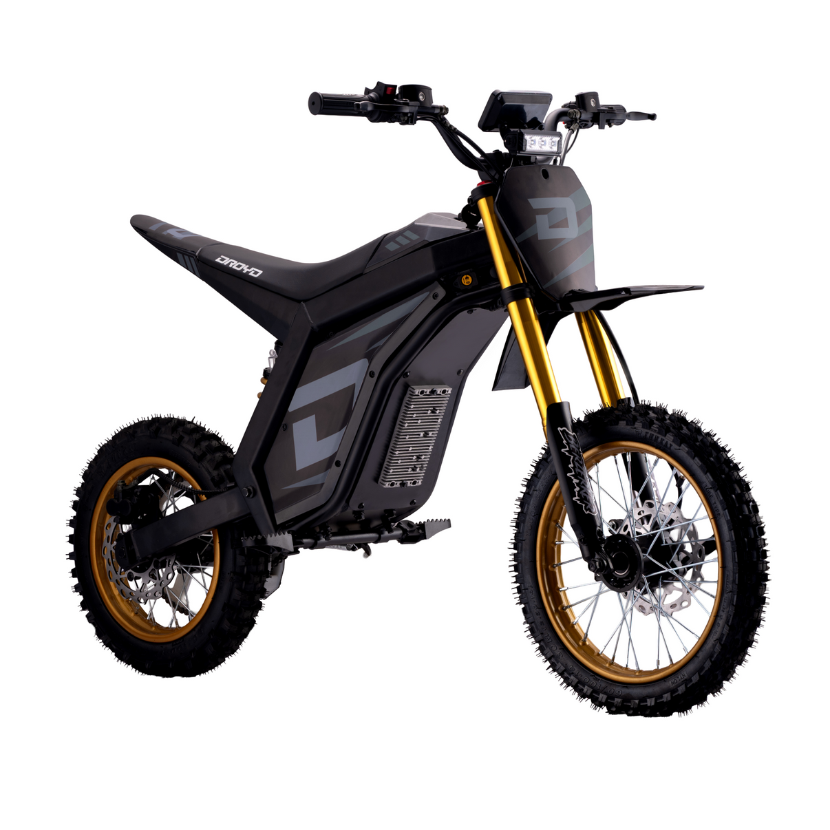 Droyd Berzerker electric dirt bike in Midnight Black with gold accents - front view