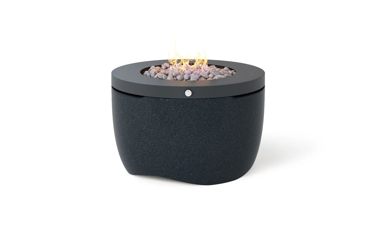 Black fire pit with glowing embers on a white background