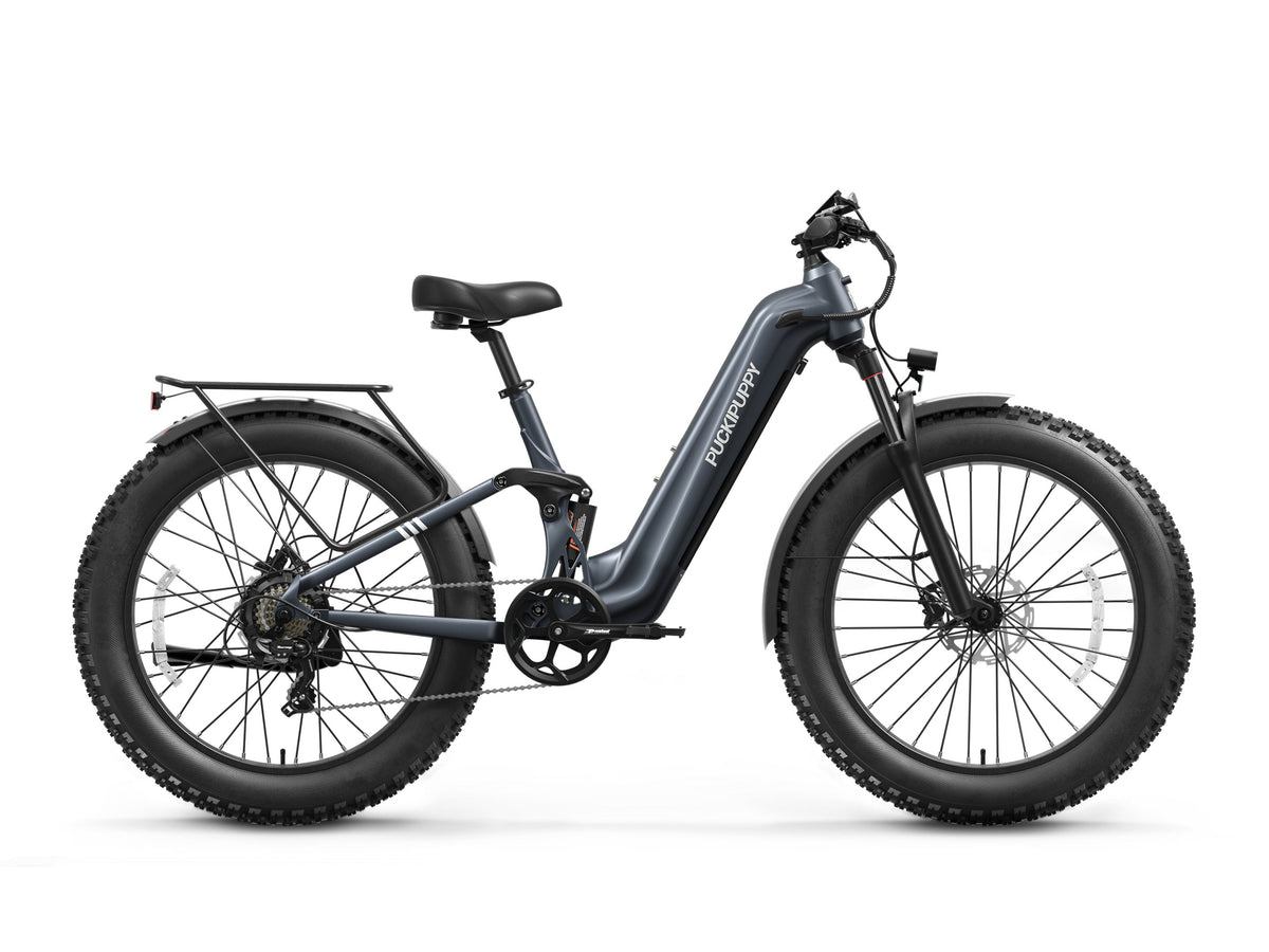 Puckipuppy Boxer ST Ebike in Metallic Gray - Full Suspension All Terrain Fat Tire Electric Bike