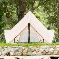 Trend Tents Brisa Glamping Tent front view - Lotus-style canvas cathedral with arched windows