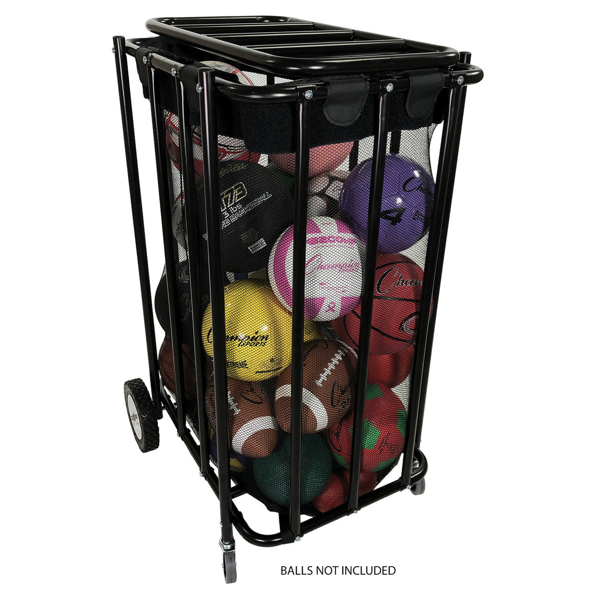 Champion Sports Compact Lockable Ball Locker in black powder-coated steel with mesh liner and casters