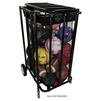 Champion Sports Compact Lockable Ball Locker in black powder-coated steel with mesh liner and casters