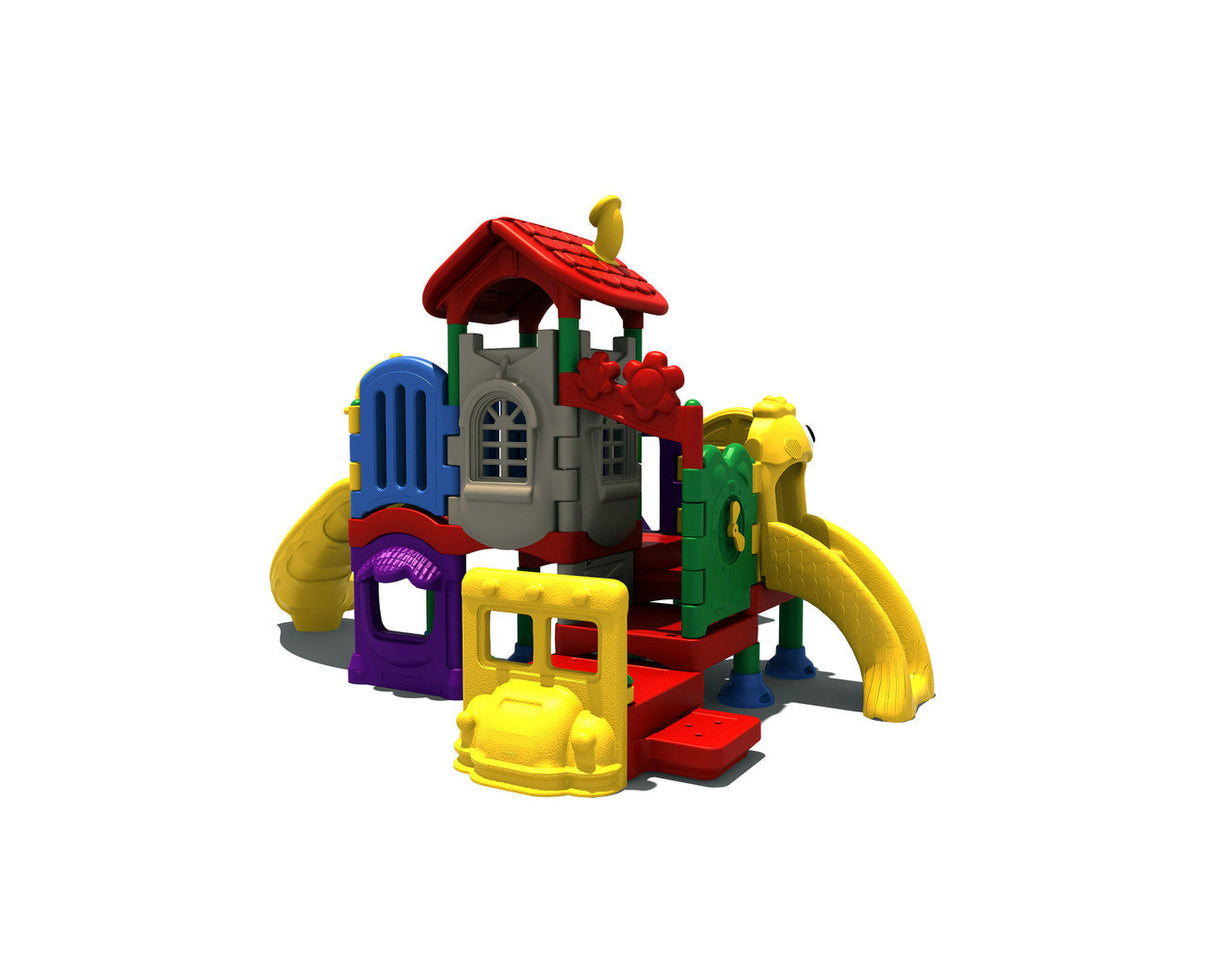 Playground Boss Imagine Five toddler playground - back view with slides and activity panels