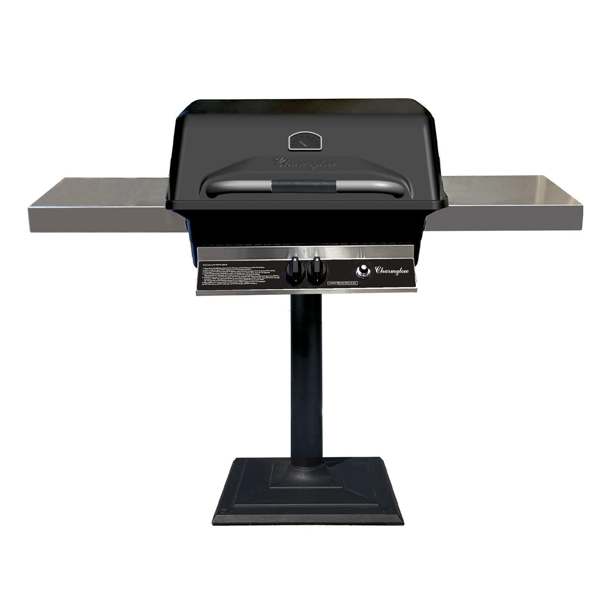 Charmglow Patio Pro gas grill with black NuStone patio base and stainless steel body