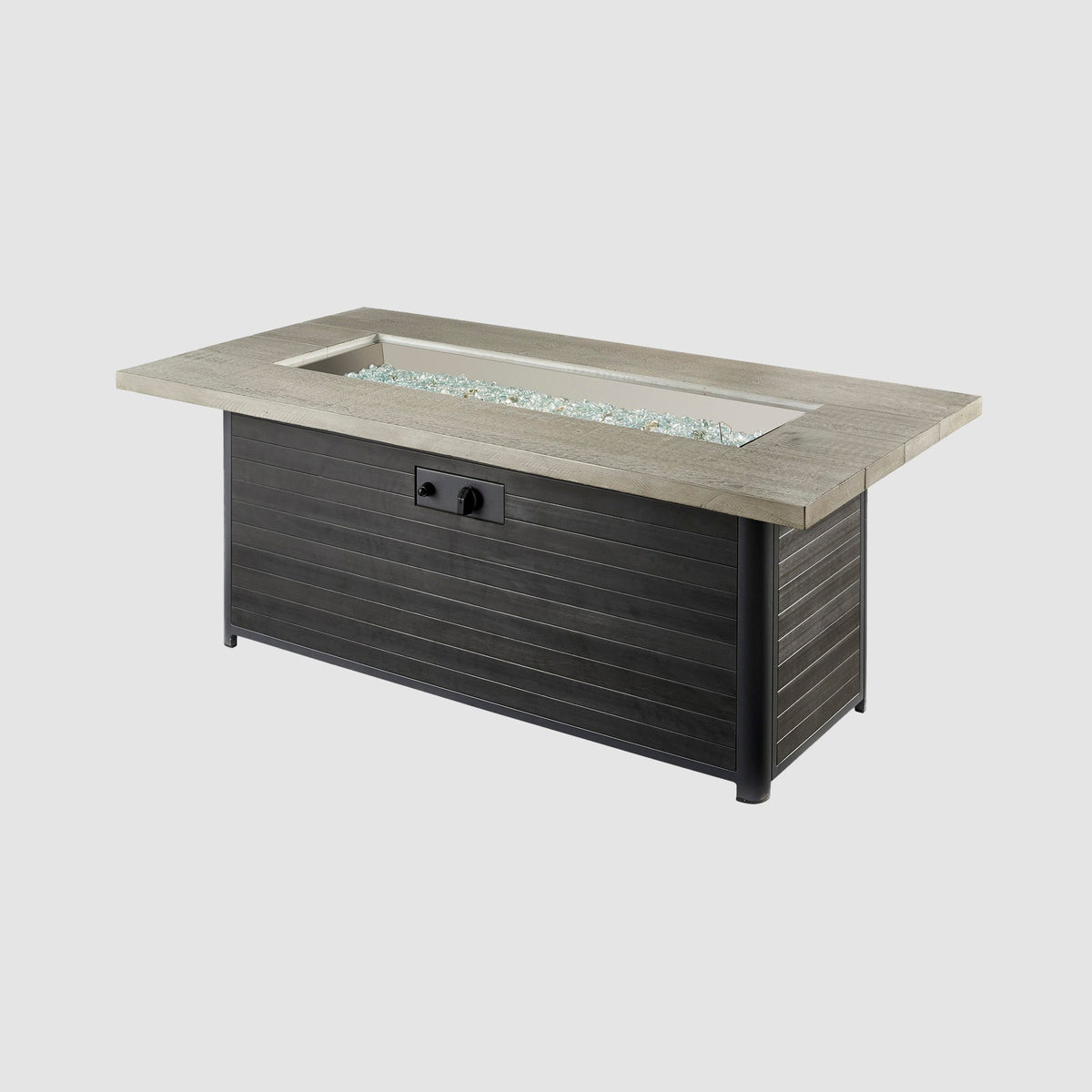 Cedar Ridge Linear Gas Fire Pit Table with fire glass gems and active flame on grey background