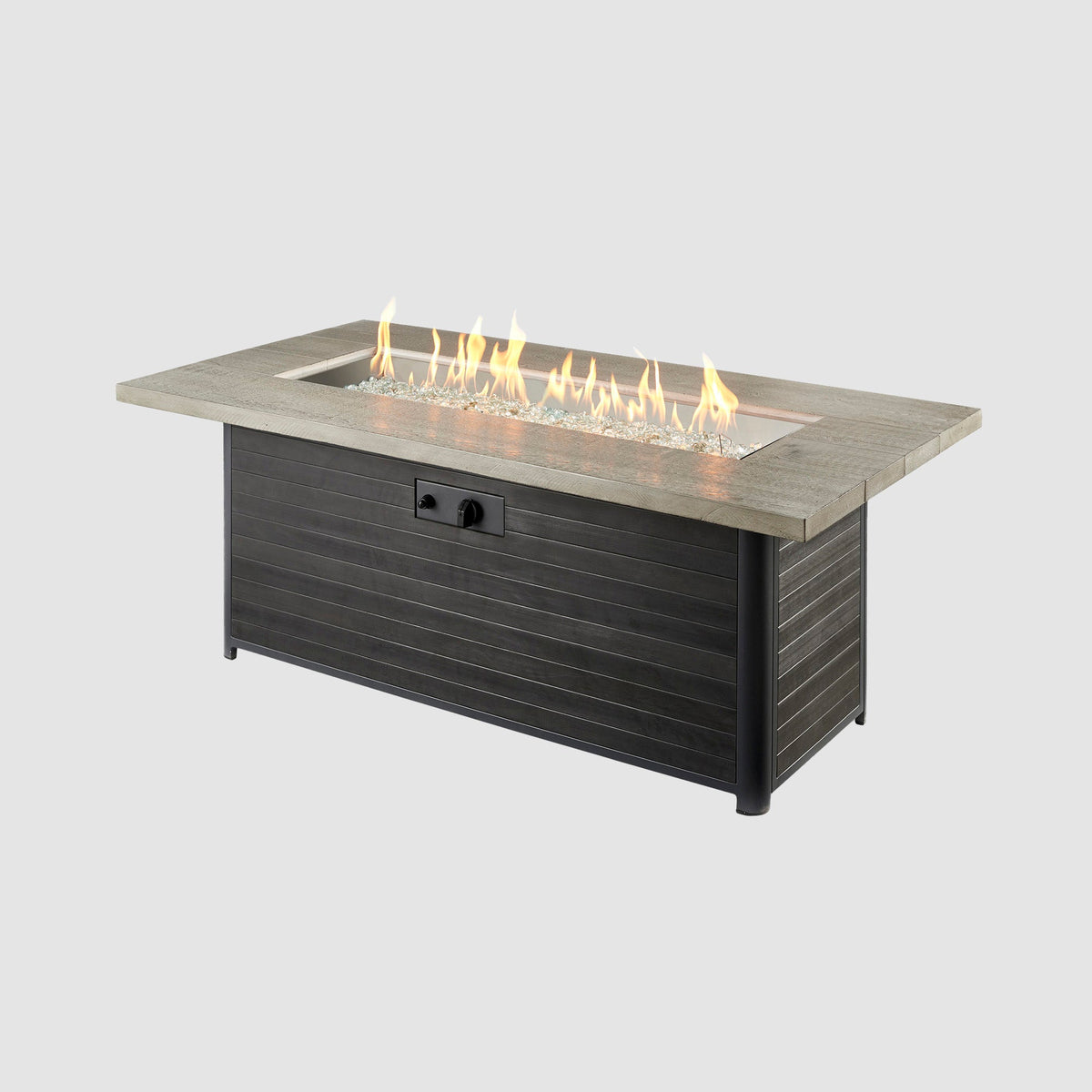 Cedar Ridge Linear Gas Fire Pit Table on grey background showing full table view