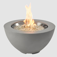 Cove Round Gas Fire Pit Bowl 29 inch with flame on grey background