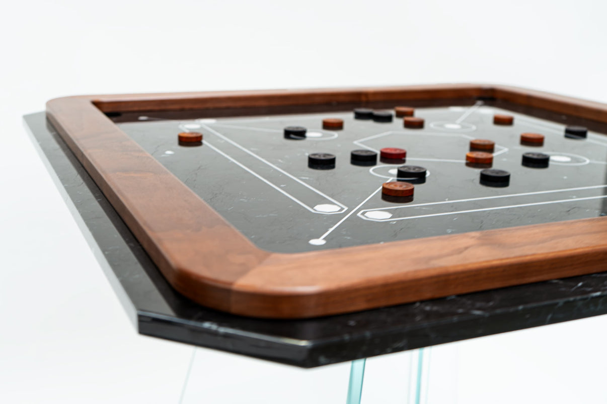 Impatia Sospeso Marble Carrom Table - full view of Nero Marquina playing surface and walnut frame