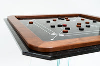 Impatia Sospeso Marble Carrom Table - full view of Nero Marquina playing surface and walnut frame