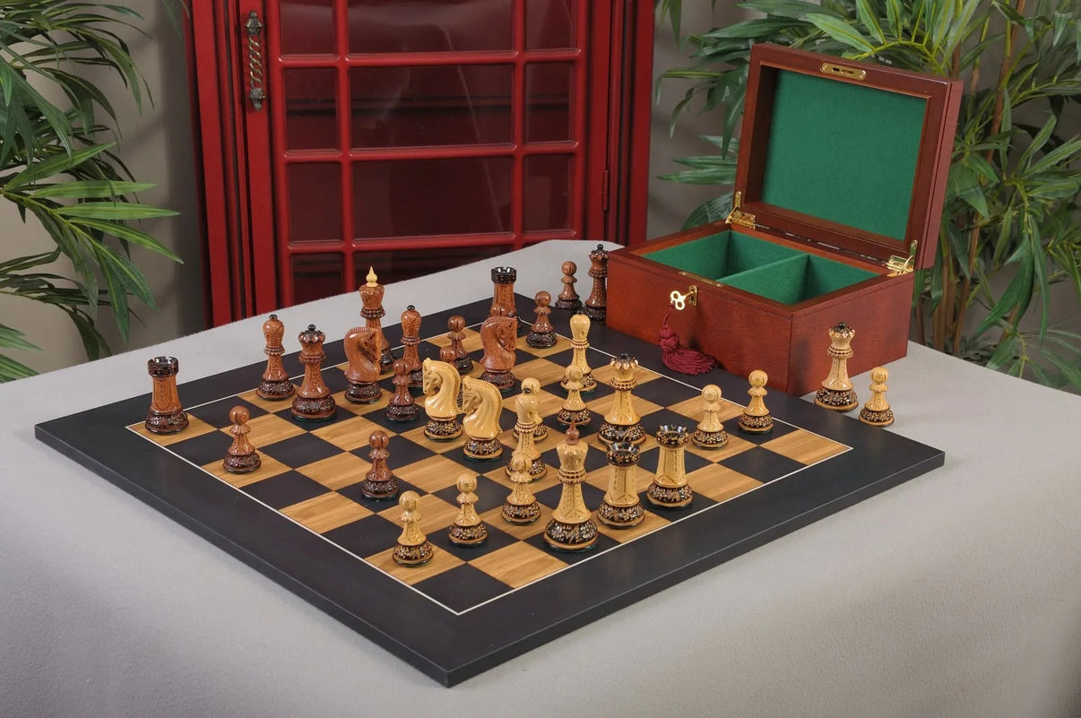 House of Staunton Burnt Golden Rosewood Zagreb '59 Chess Set with Satin Board and Premium Chess Box - Full Combination View