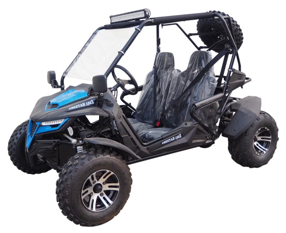 TrailMaster Cheetah 200X Go Kart Special in Blue - full view with canopy, windshield, and alloy wheels