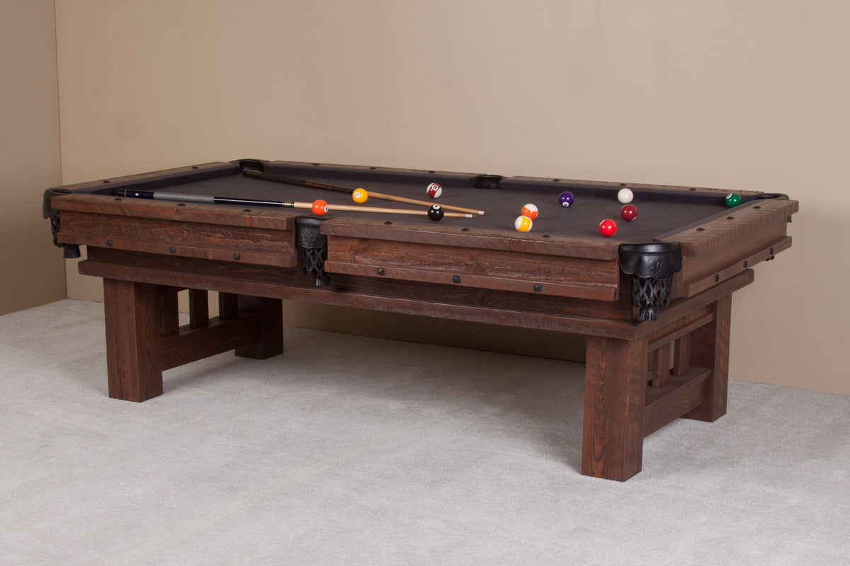 Barnwood Cheyenne Pool Table in Dark finish with black short shield pockets