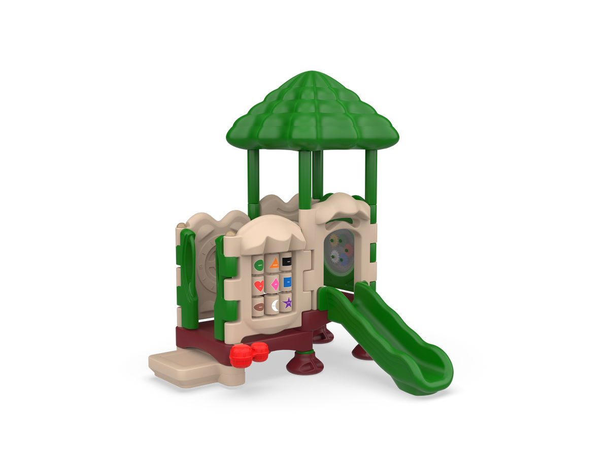 UltraPlay Discovery Center Seedling with Roof in Natural color - front view of two-deck toddler play structure