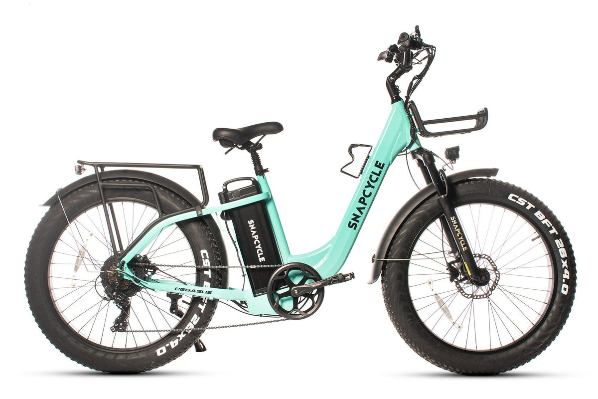 Snapcycle Pegasus Lite E-Bike in Tiffany Blue - hero shot full bike view