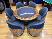 Whiskey & Wine Barrel Game Table Set g Tops, 6 Chairs, Dark Navy Upholstery