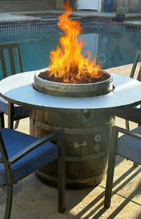 Wine Barrel Dude Dining Table Height Fire Pit - full product view at 34 inches tall with 46-inch round tabletop