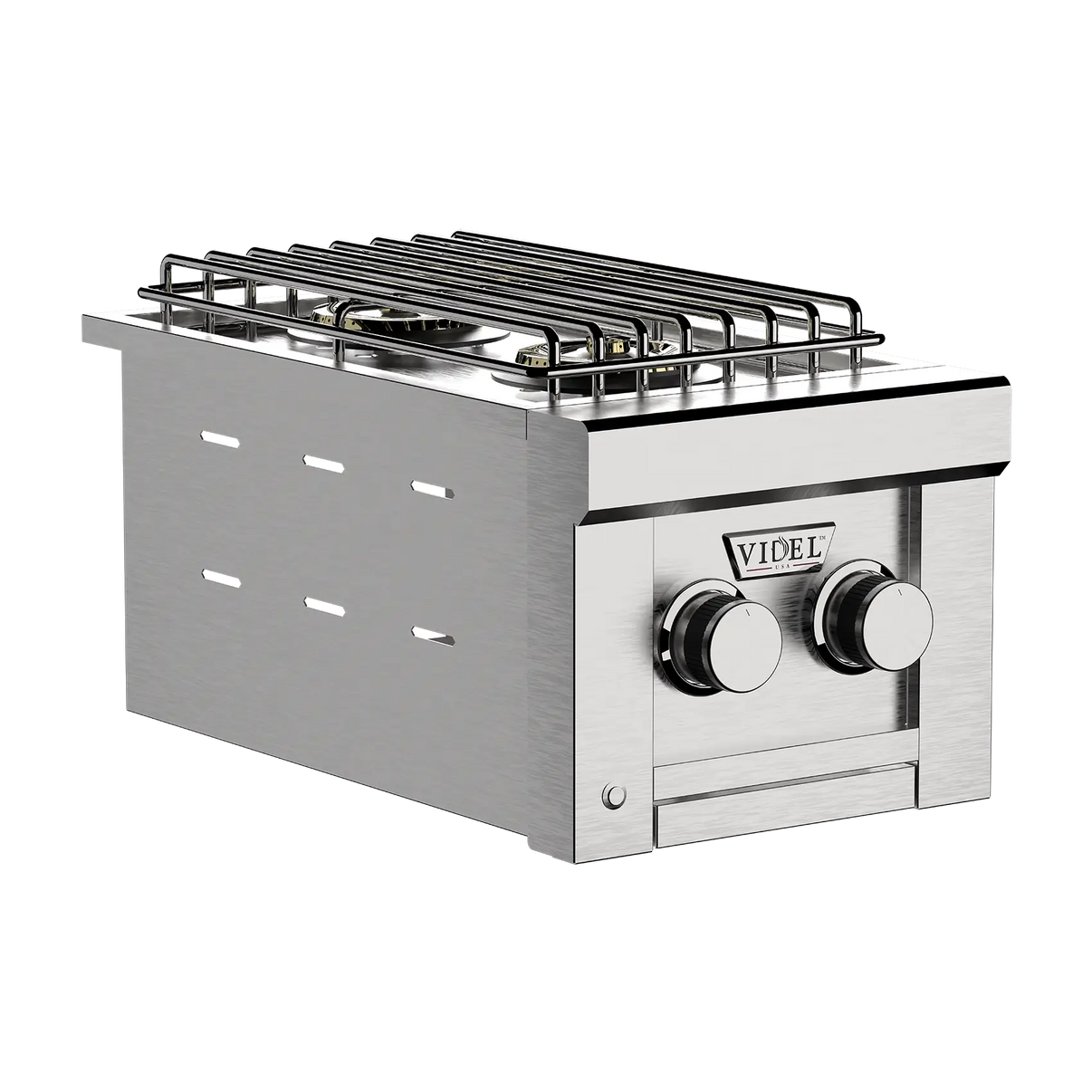 Videl Fuego I Double Side Burner side view in stainless steel finish