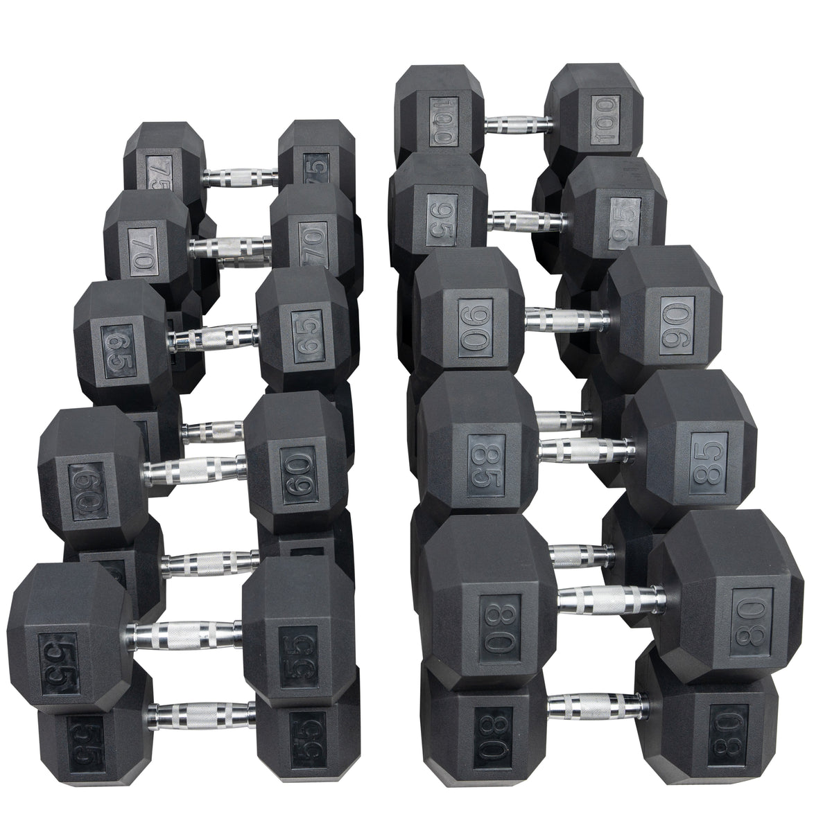 HOIST Fitness 55-100 lb Rubber Hex Dumbbell Set in 5 lb increments