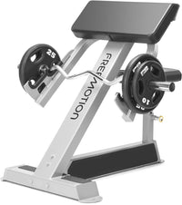 Freemotion Epic Free Weight Preacher Curl EF205 - three-quarter view with weights