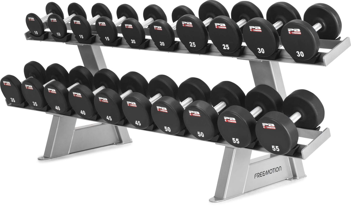 Freemotion Twin Tier Dumbbell Rack three-quarter view loaded with dumbbells